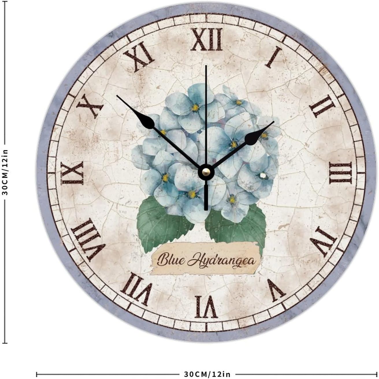 12 Inch Silent Non-Ticking Wall Clocks Battery Operated Blue Hydrangea Flower Wooden Wall Decor for Home Yellow Floral Roman Numerals Decorative Round Wooden Wall Clock Rustic for Church New Home
