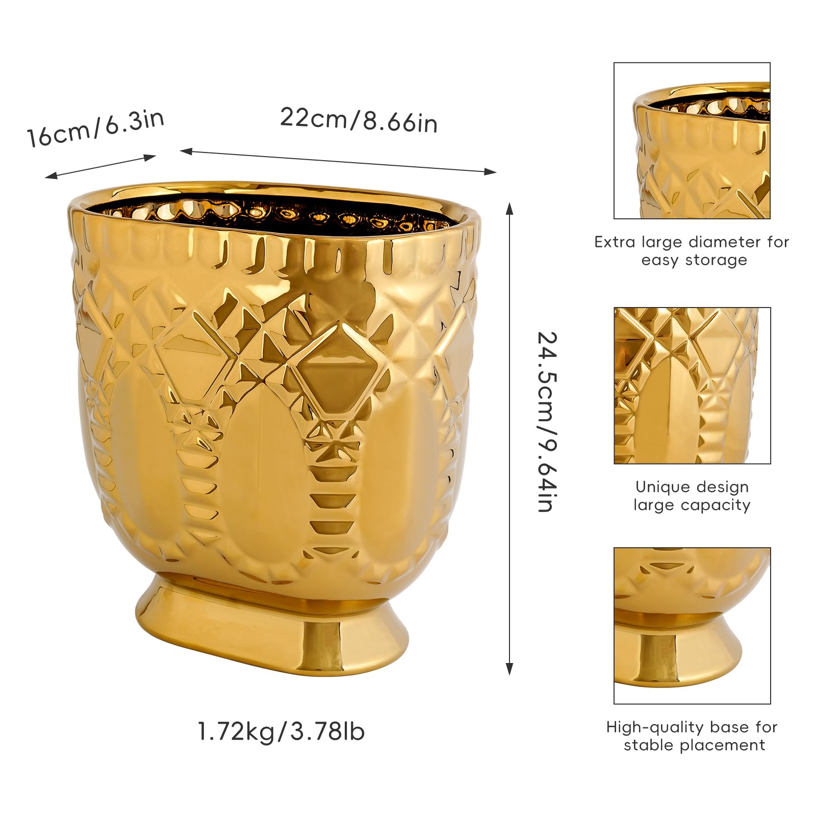 TCQMSS Modern Golden Trash Can, Ceramic Waste Container Garbage Receptacle Bin for Bathrooms, Powder Rooms, Kitchens - Stylish Wastebasket Garbage Can for Home & Office
