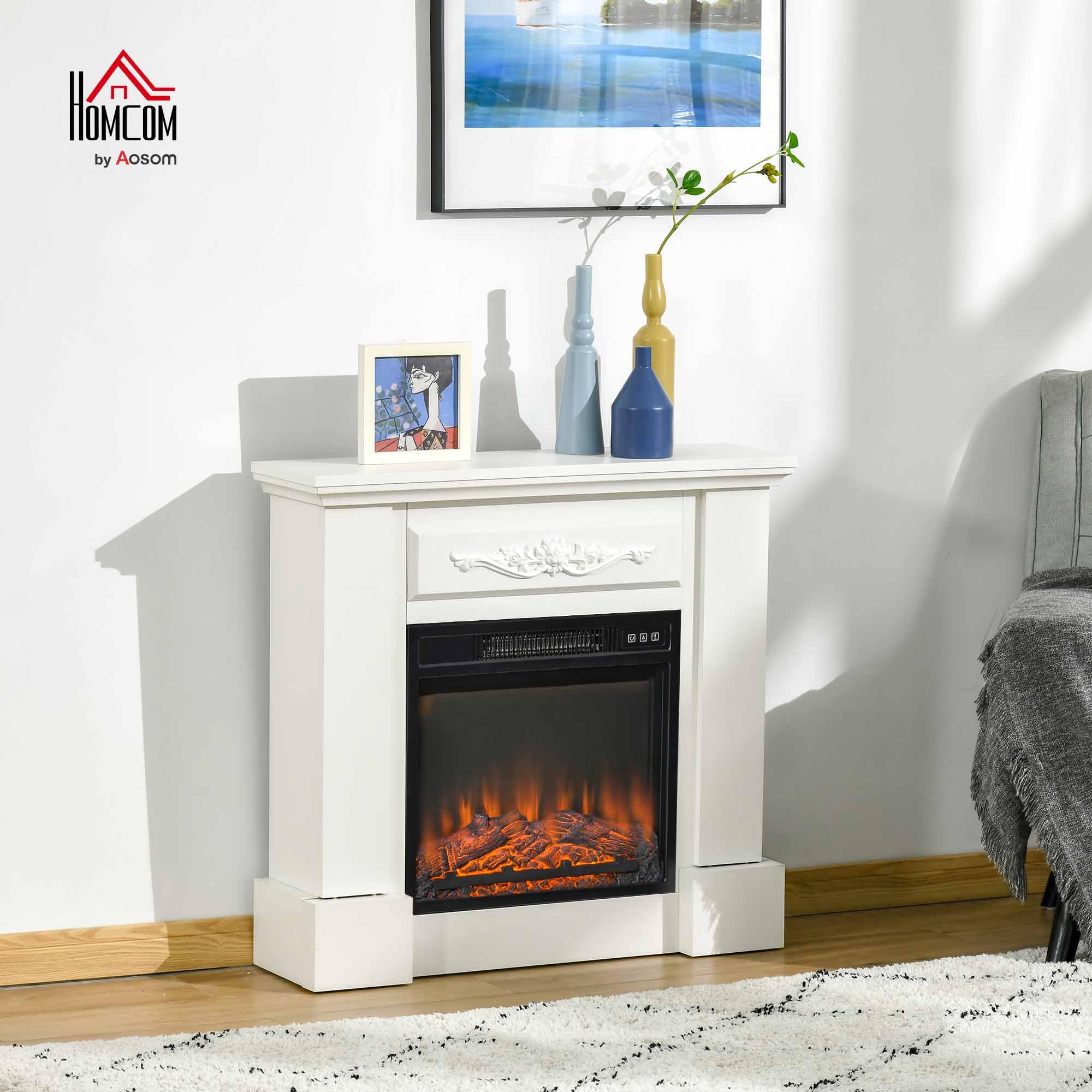 HOMCOM Chimenea Eléctrica 1800W Chimenea Decorativa con Marco Efecto de Llama Mando a Distancia Temporizador Protección contra Sobrecalentamiento para Sala 30 m² Blanco