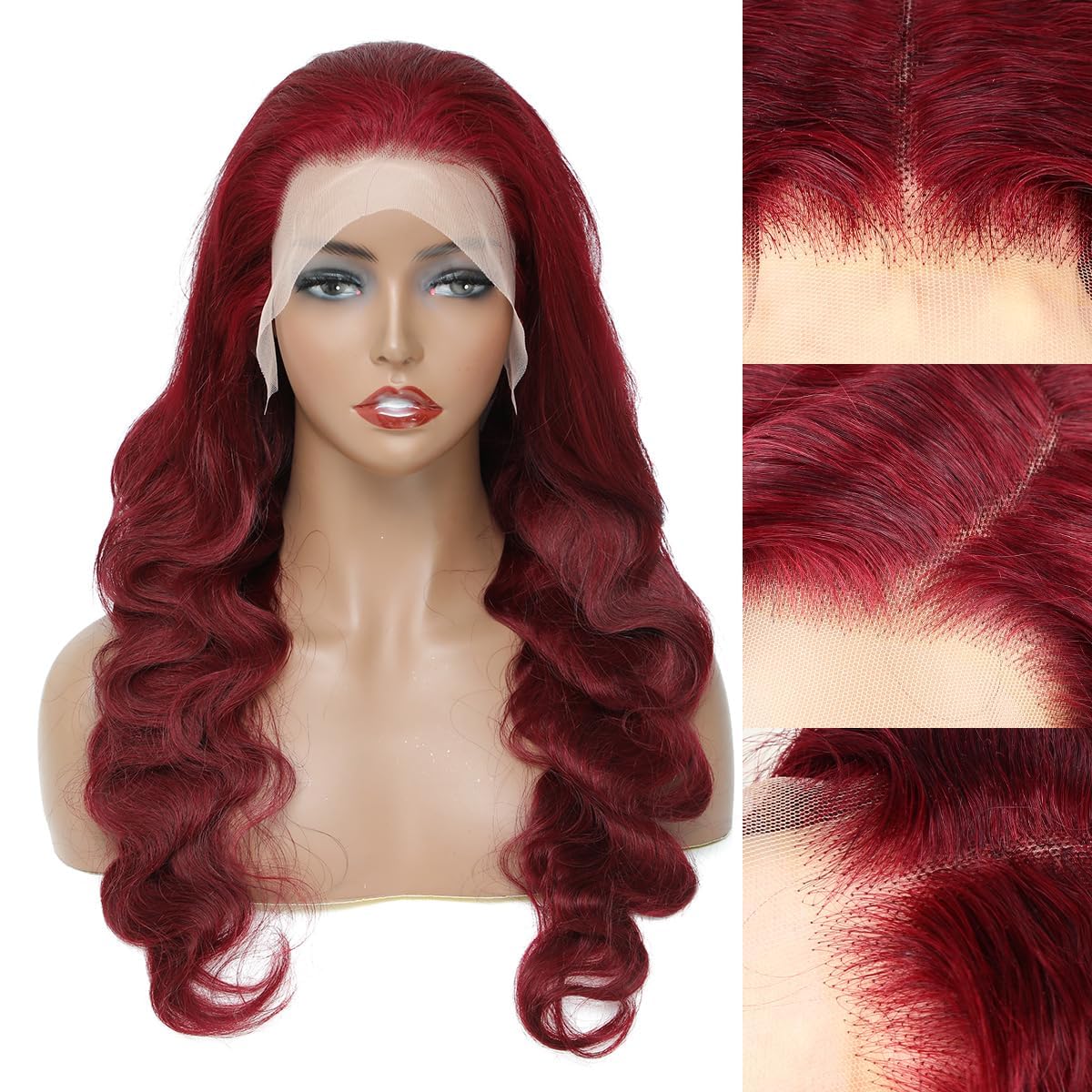 99J Body Wave 22 Inch Burgundy Red Wine Colored Wigs for Women 180% Density Glueless Lace Front Wigs Human Hair 13x6 Pre Plucked with Transparent Lace