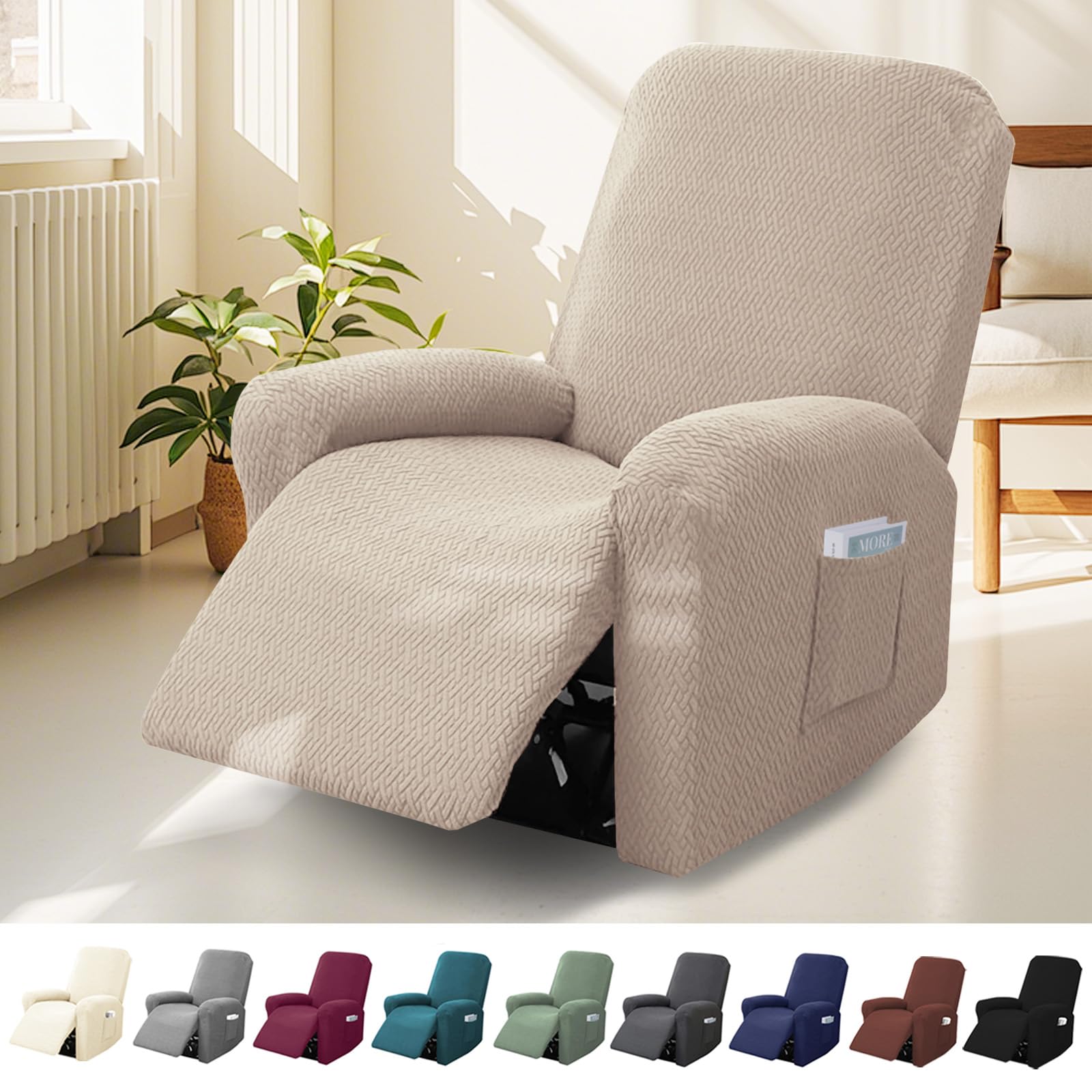Lot de 4 Housses de Fauteuil de Relaxation 1 Place - Extensible - avec Poches - pour Fauteuil TV et Fauteuil de Relaxation - Antidérapante - Haute élasticité - avec Fond élastique