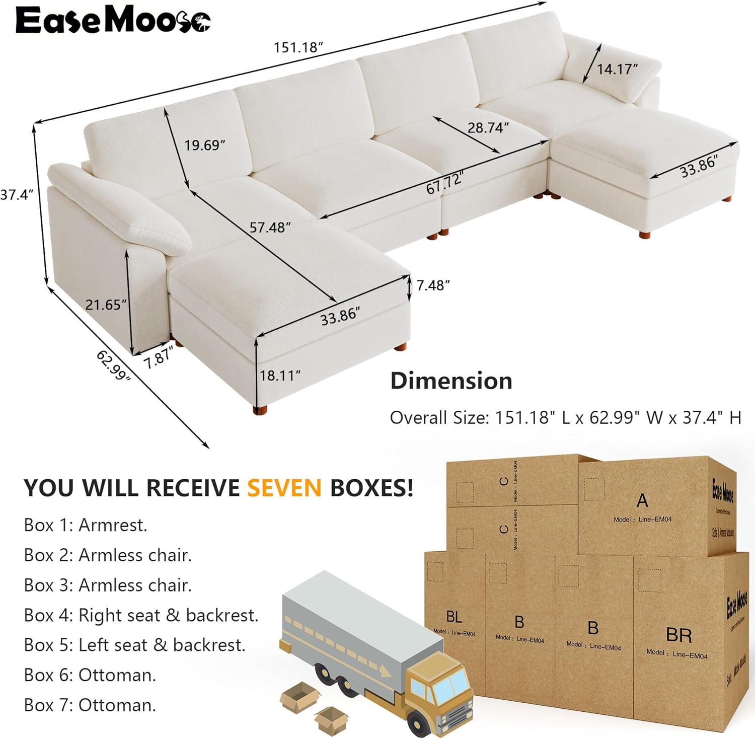 EASE MOOSE Oversized U Shape Sectional Couch Wide Deep seat Sectional Sofa,FSC Certified Comfortable Chenille Oversized White Cloud Modular Sofa