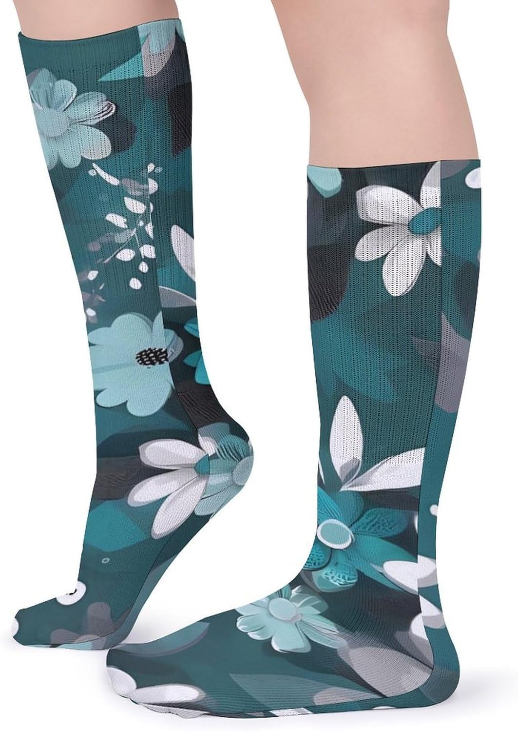 Teal Grey And White Floral Socks 5-Pairs Breathable Crew Socks Casual Comfort Aesthetic Sock Lightweight Calf Sock