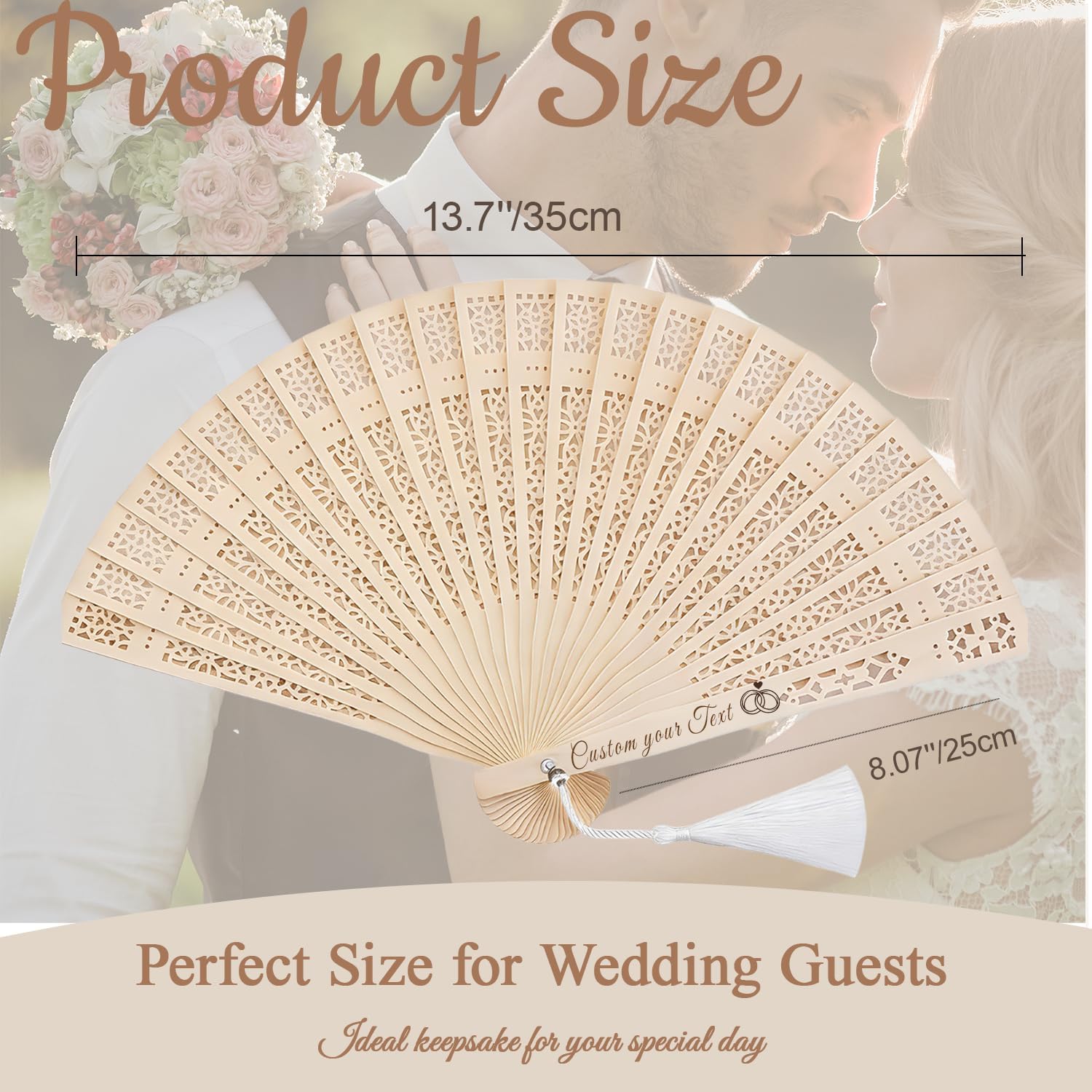 Personalized Wedding Folding Handheld Wooden Fans, Custom Engraved Text Icon Sandalwood Fan Bulk with Tassel and Organza Bag, for Wedding Graduation Birthday Party Guest Favors (50)