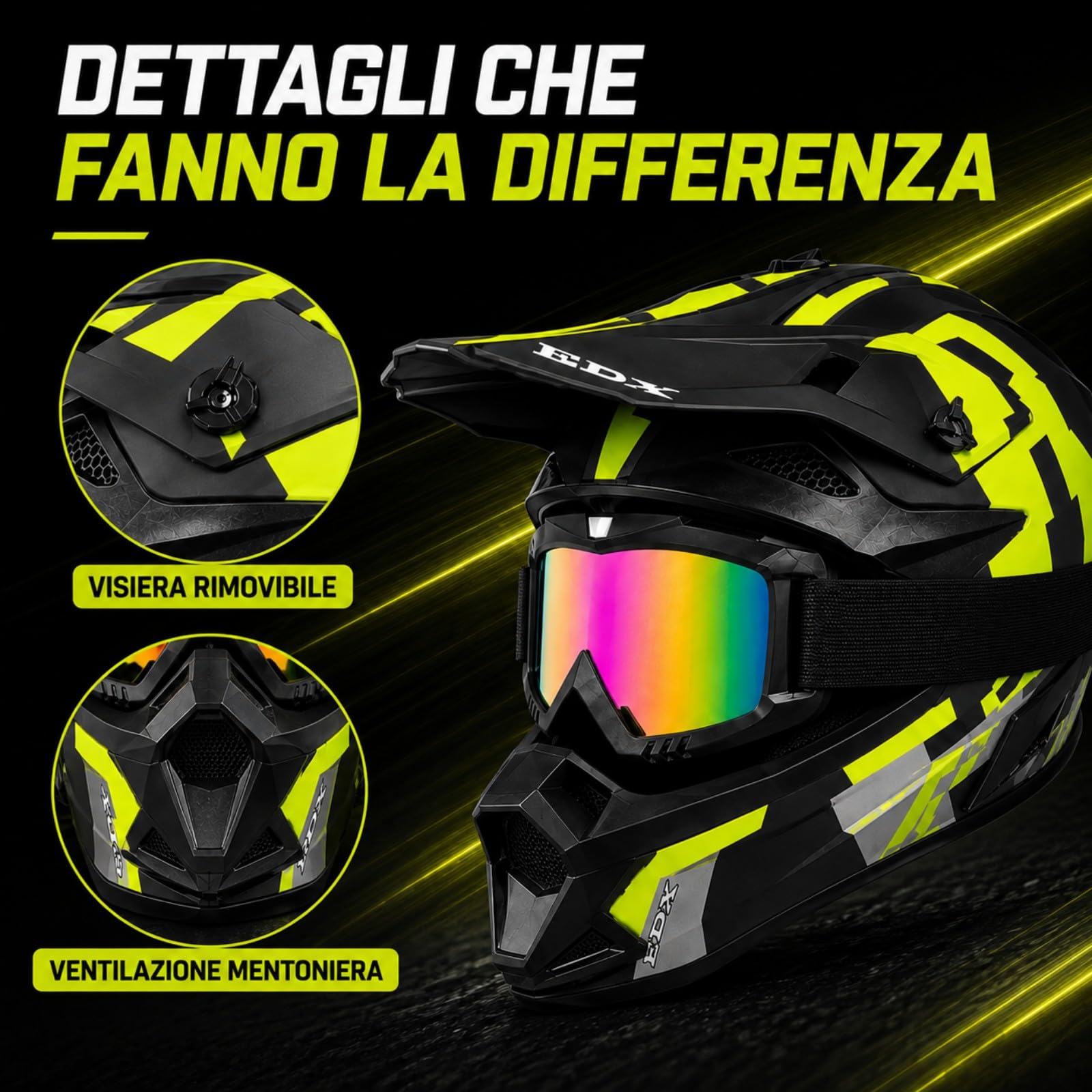 Casco Cross nero opaco e giallo neon con Occhiali e Guanti