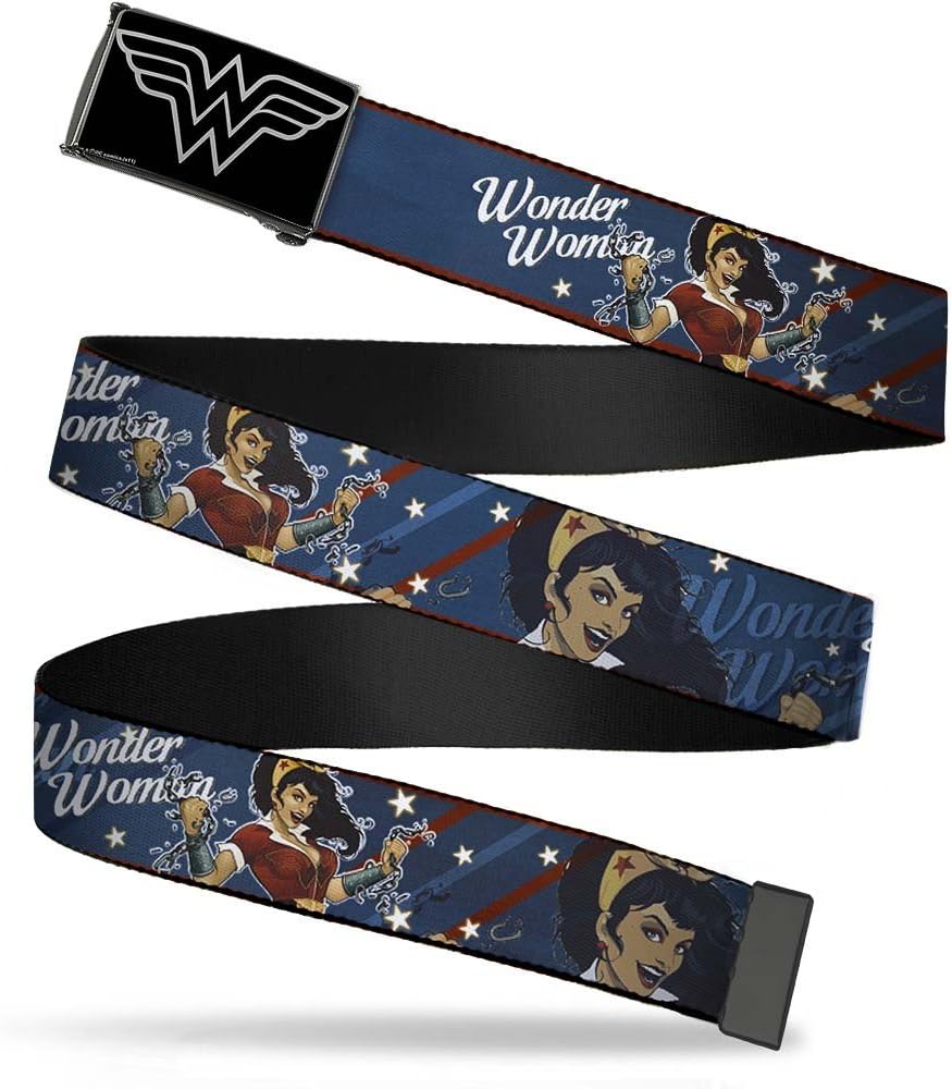 Wonder Woman Logo Reverse Brushed Silver - 1.25" CAM Black - WONDER WOMAN/Bombshell Pose Blue/Red/White Webbing