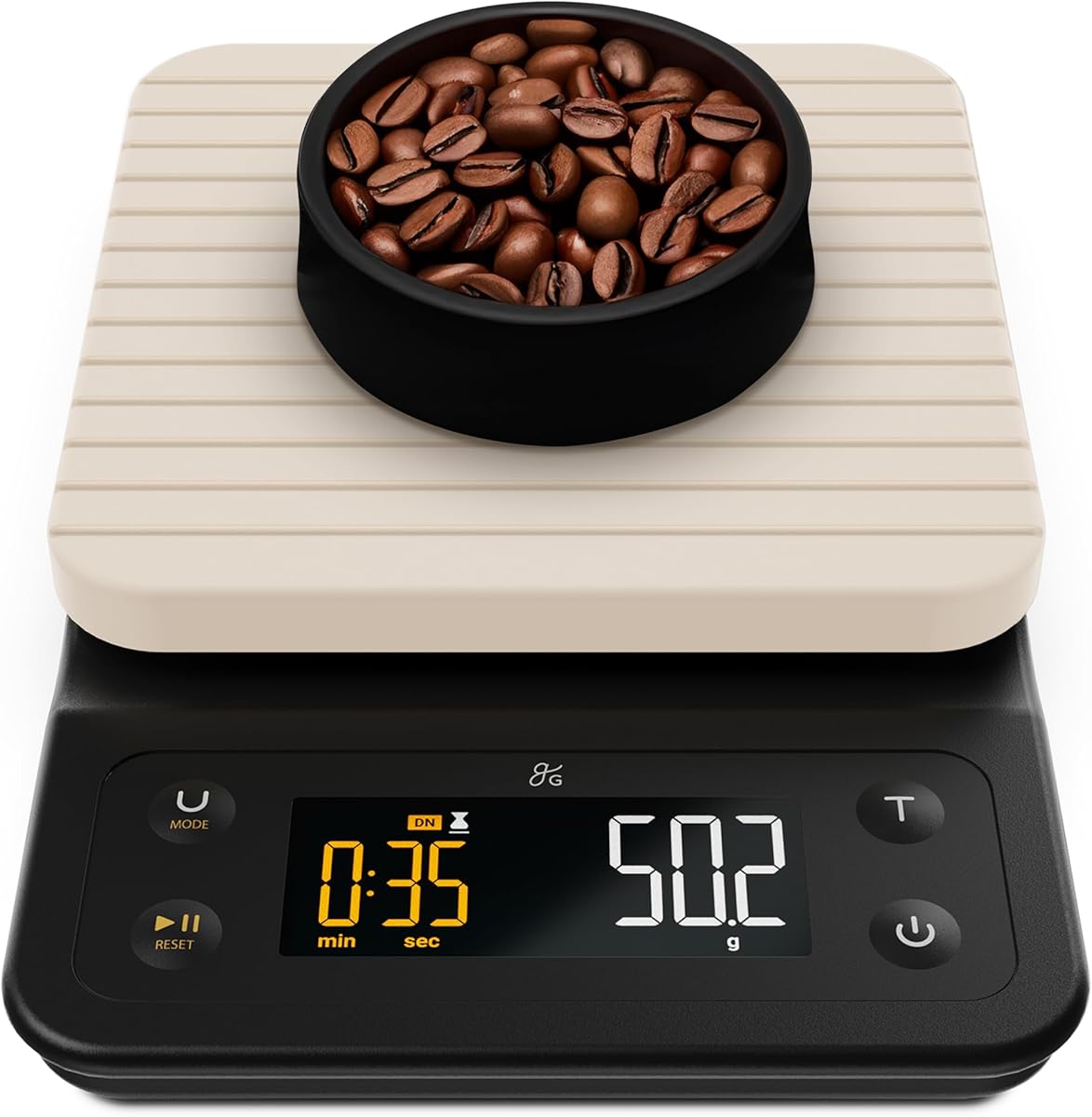 Greater Goods Digital Coffee Scale with Timer – Accurate 0.1g Precision, Multi-Color Display, Waterproof & Heat-Resistant Cover, for Pour-Over, Espresso, French Press, and Kitchen Use (Birch White)