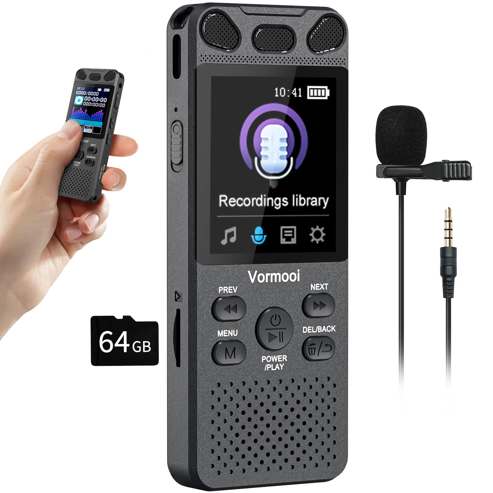 96GB 110H Grabadora de Voz Digital Vormooi | 2,15" Pantalla Color, Micrófono Externo, Activación por Voz, USB C Grabadora de Audio Profesional, Estudio Reuniones Clase