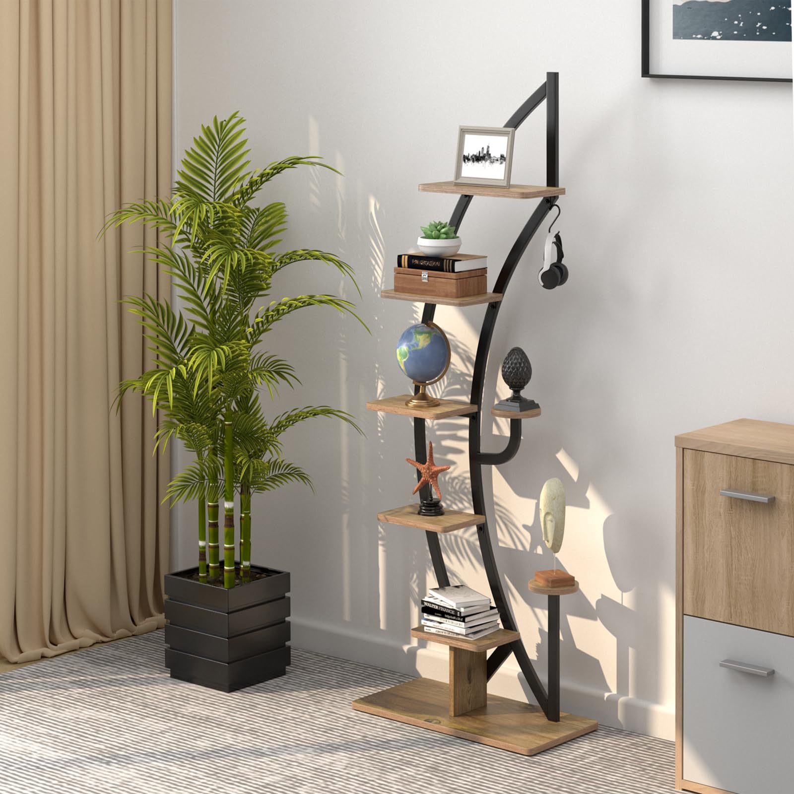 HOMASIS Scaffale Porta Piante a Forma di Mezzaluna, Scaffale per Piante da Interno, Portavasi Elegante da Interni, Espositore per Decorazioni da Balconi, Soggiorni (1, Marrone)