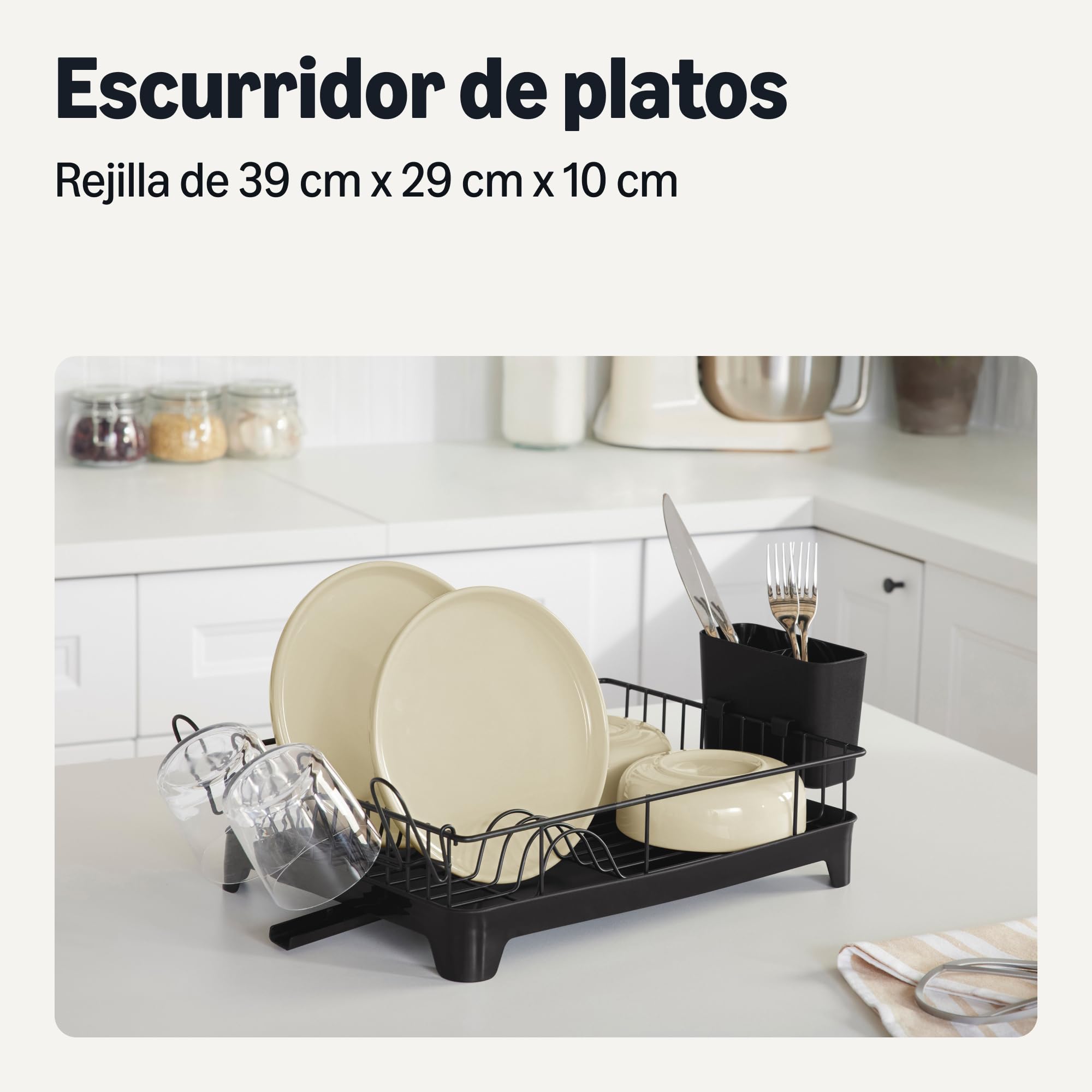 Amazon Basics Escurreplatos, Acero Inoxidable, 38,6cm x 29,5cm x 10,2cm, Negro