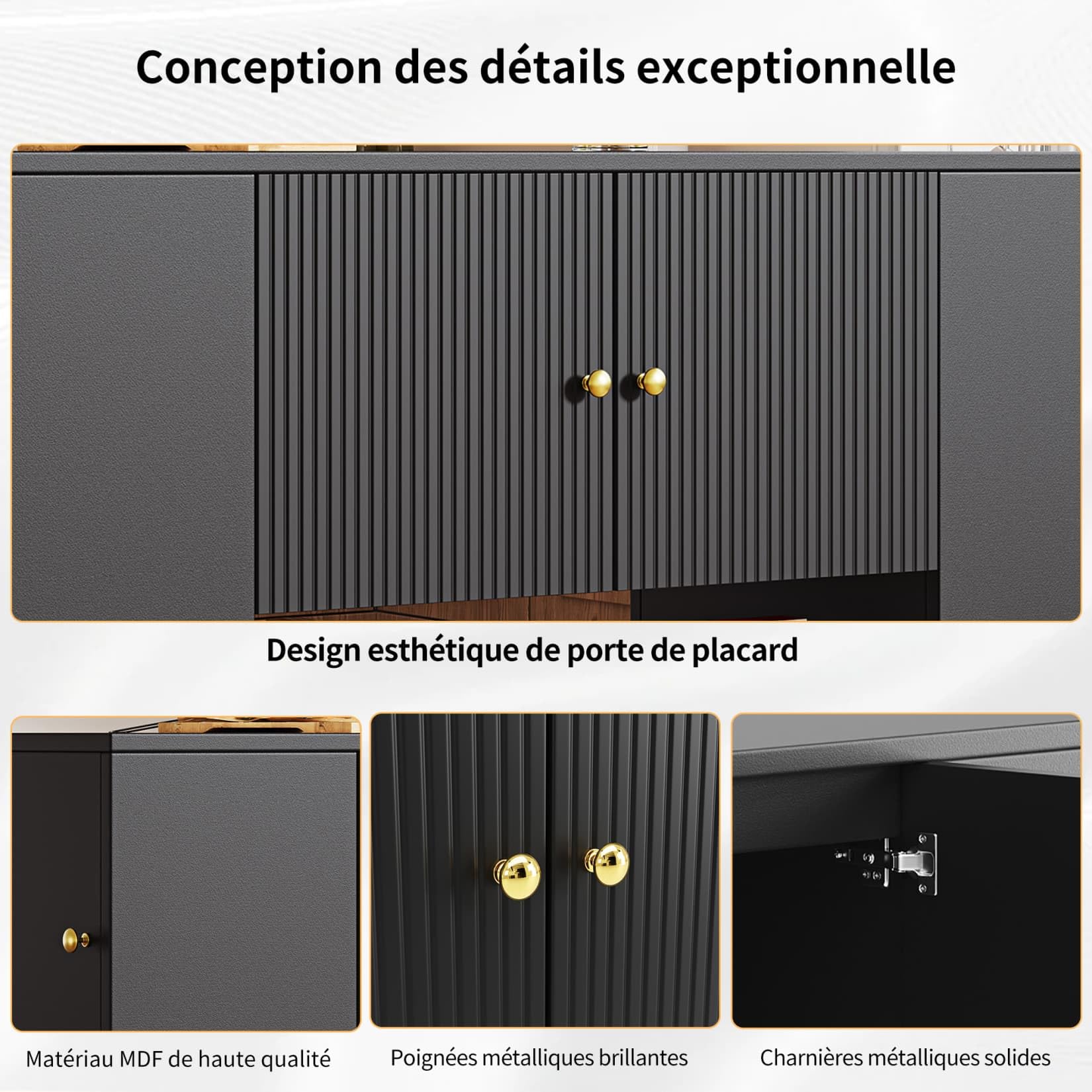 PUGSDRLY Îlot de Cuisine Moderne avec Plateau de Table Pliable,Buffet Meubles de Rangement pour Cuisine et Salle à Manger,3 Portes,2 Tiroirs et Compartiment Ouvert,140x40/70x90cm,Noir