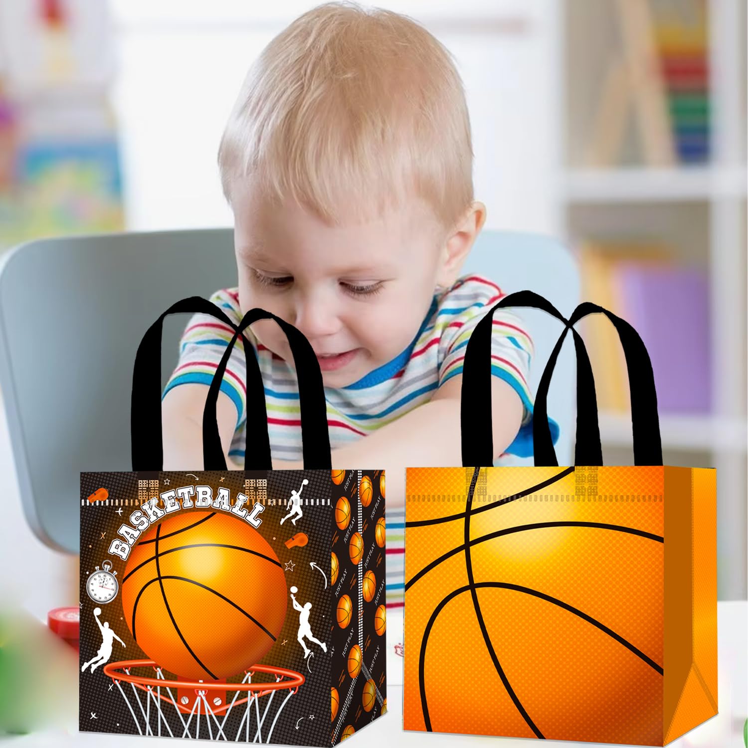 Basketball Party Favors Bags 12PCS Basketball Birthday Party Supplies Basketball Goodie Bag with Handles Sport Sport Ball Non-woven Candy Treat Snack Bags for Birthday Retirement All Star Party Decor