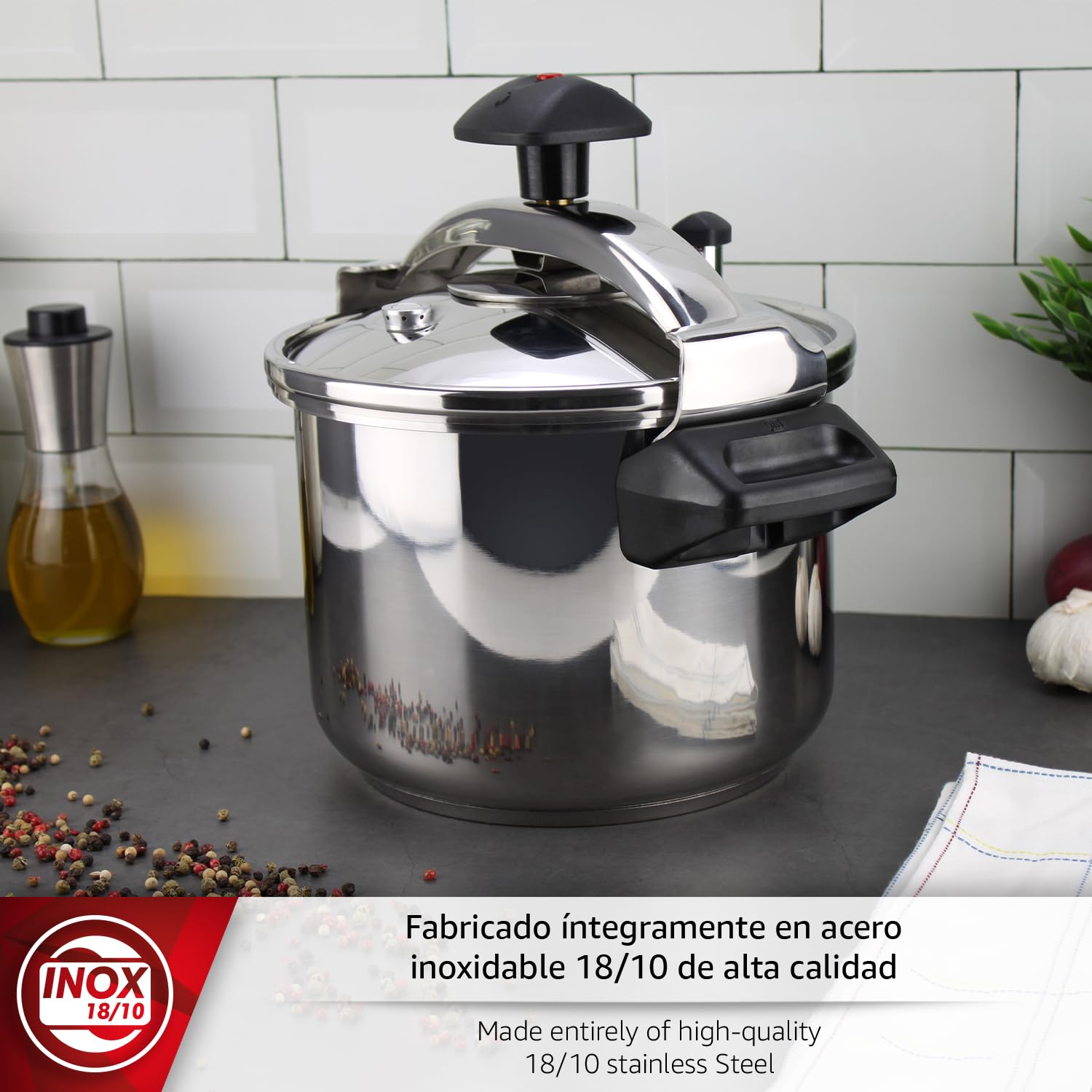 Magefesa Inoxtar - Olla Express Tradicional de 6 Litros + Cestillo, Acero Inoxidable 18/10, Inducción, Cocina Sana, Pomo Rotatorio, Fondo Termodifusor - 4