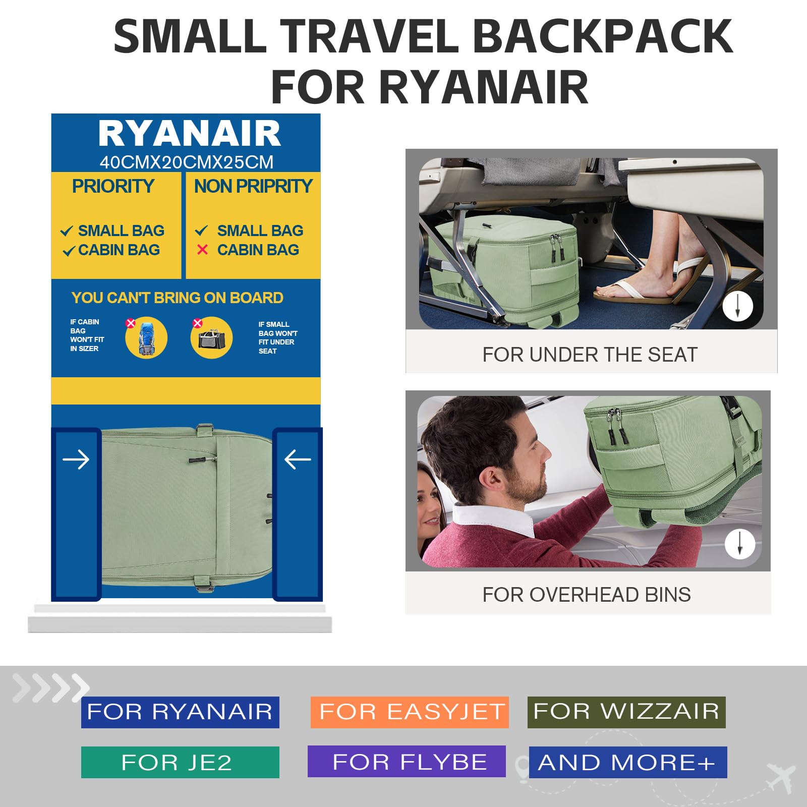 Hayayu Zaino Per Ryanair 40x20x25, Zaino Da Viaggio Aereo Bagaglio a Mano 40x30x20 per Wizzair Easyjet,Borse Da Cabina Zainetto Donna Uomo Zaini Da Viaggio Con Foro USB