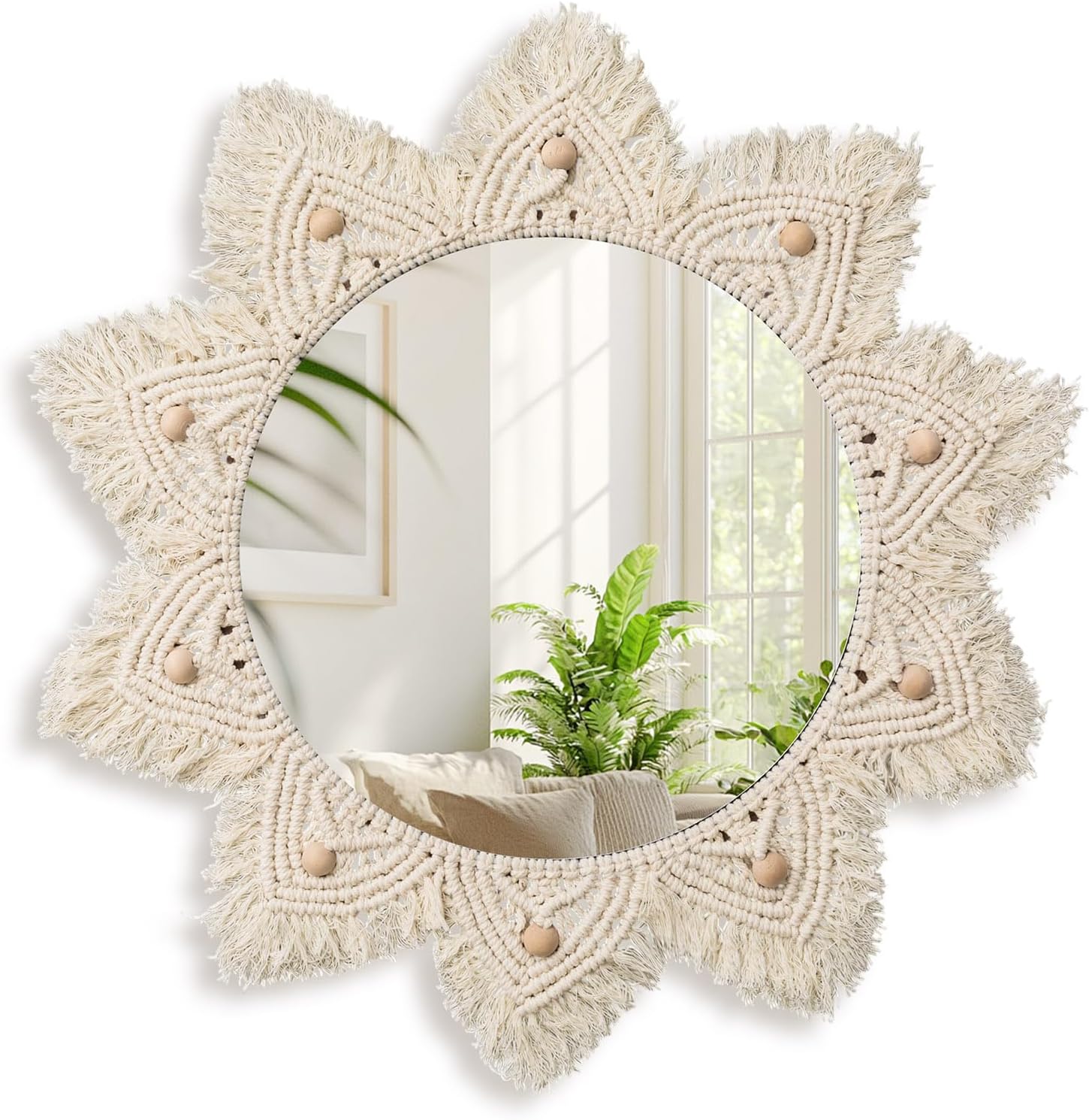 24" Boho Mirror Wall Decor Macrame Hanging Round Mirror with Wooden Beads Large Circle Sunburst Wall Decor for Bedroom Living Room Nursery Apartment Entryway Home Gift, Beige