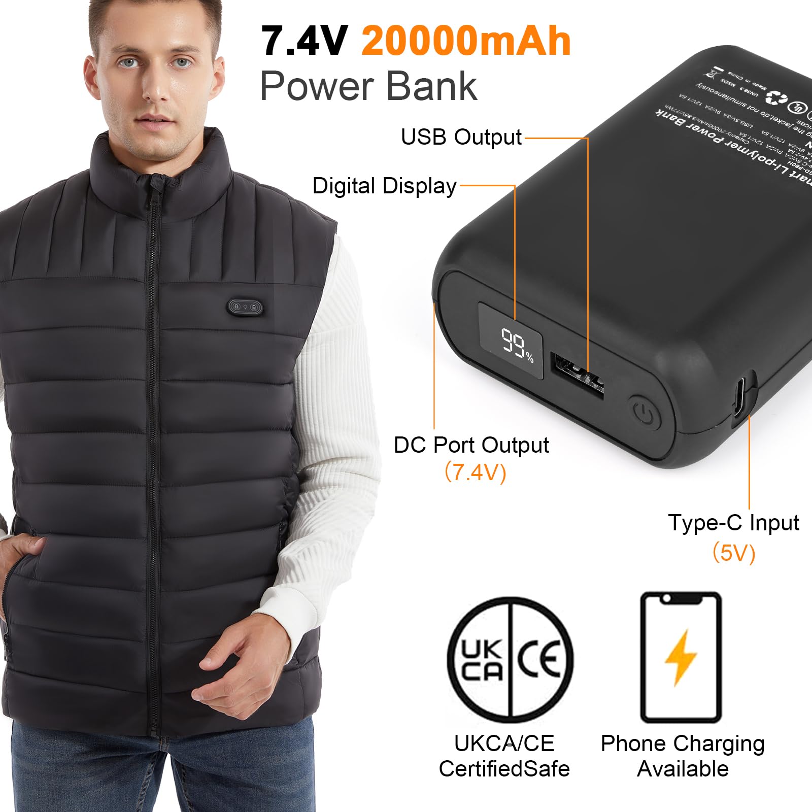 GuKKK Veste Chauffant Homme Femme, Batterie 20000mAh Gilet Chauffant Électrique Électrique USB Vêtement de Chauffage 15 Zones