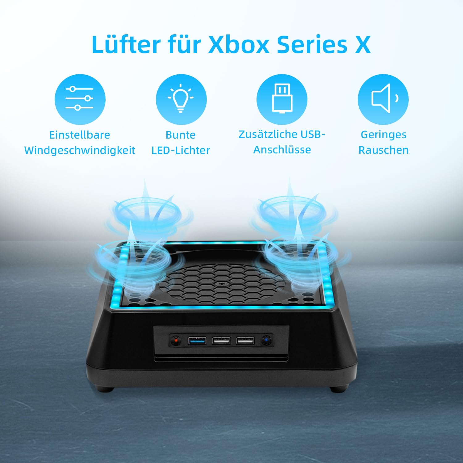 Upgraded Lüfter Ständer für Xbox Series X, Kühler Stand mit RGB LED,4 Große &Turbolüfter, USB 3.0 & 2.0 Ports & 3 Geschwindigkeitsstufen Einstellbares Kühlsystem für Xbox Series X-Schwarz