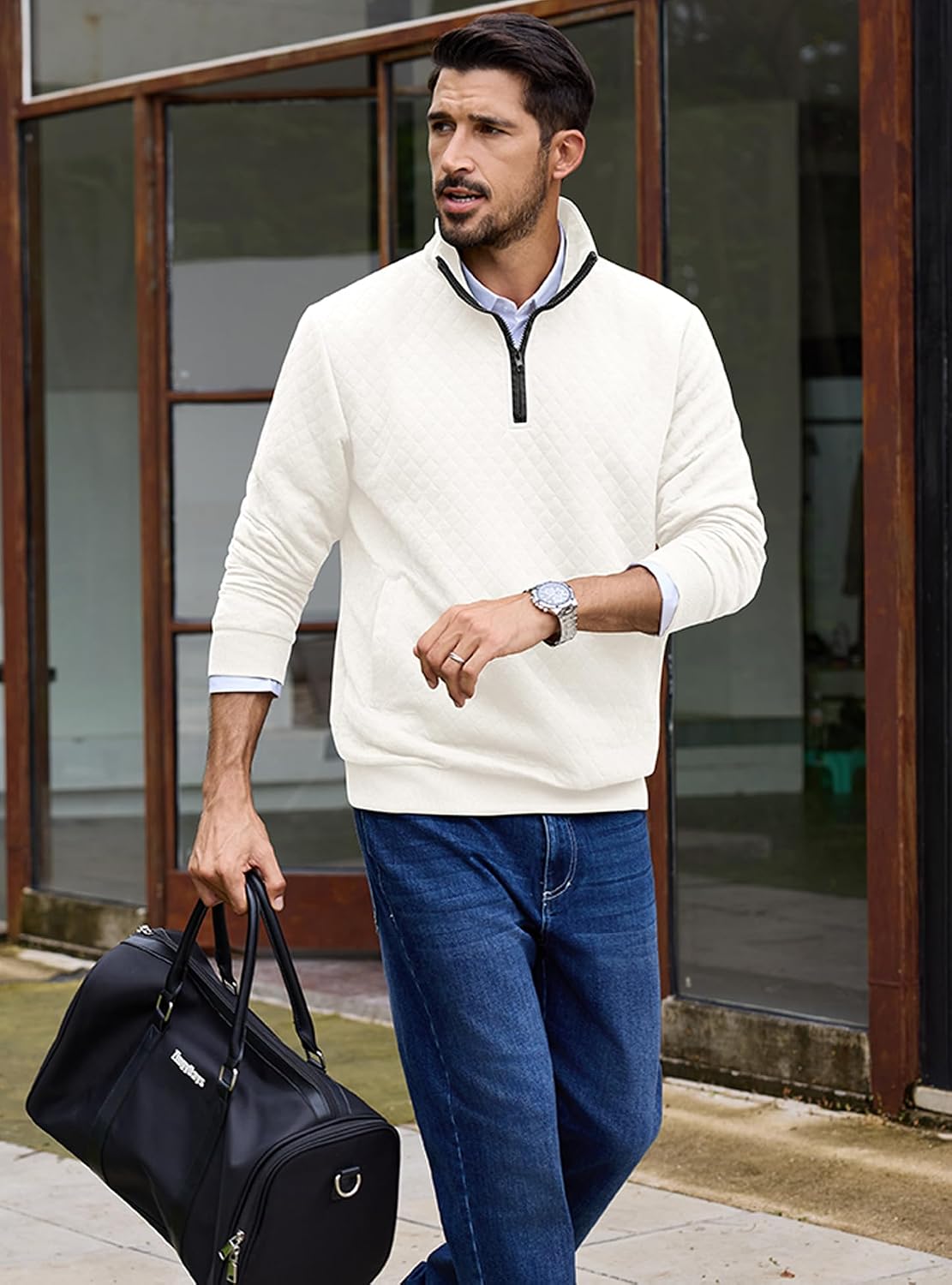 URRU Men’s Quarter Zip Pullover Quilted Sweater Long Sleeve Mock Neck Polo with Pocket