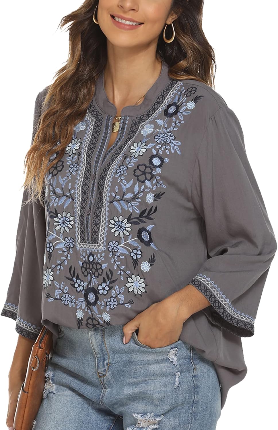 LauraKlein Women's Mexican Embroidered Tops for Women V Neck 3/4 Sleeve Shirts Peasant Casual Loose Summer Tunics Blouse - Image 2