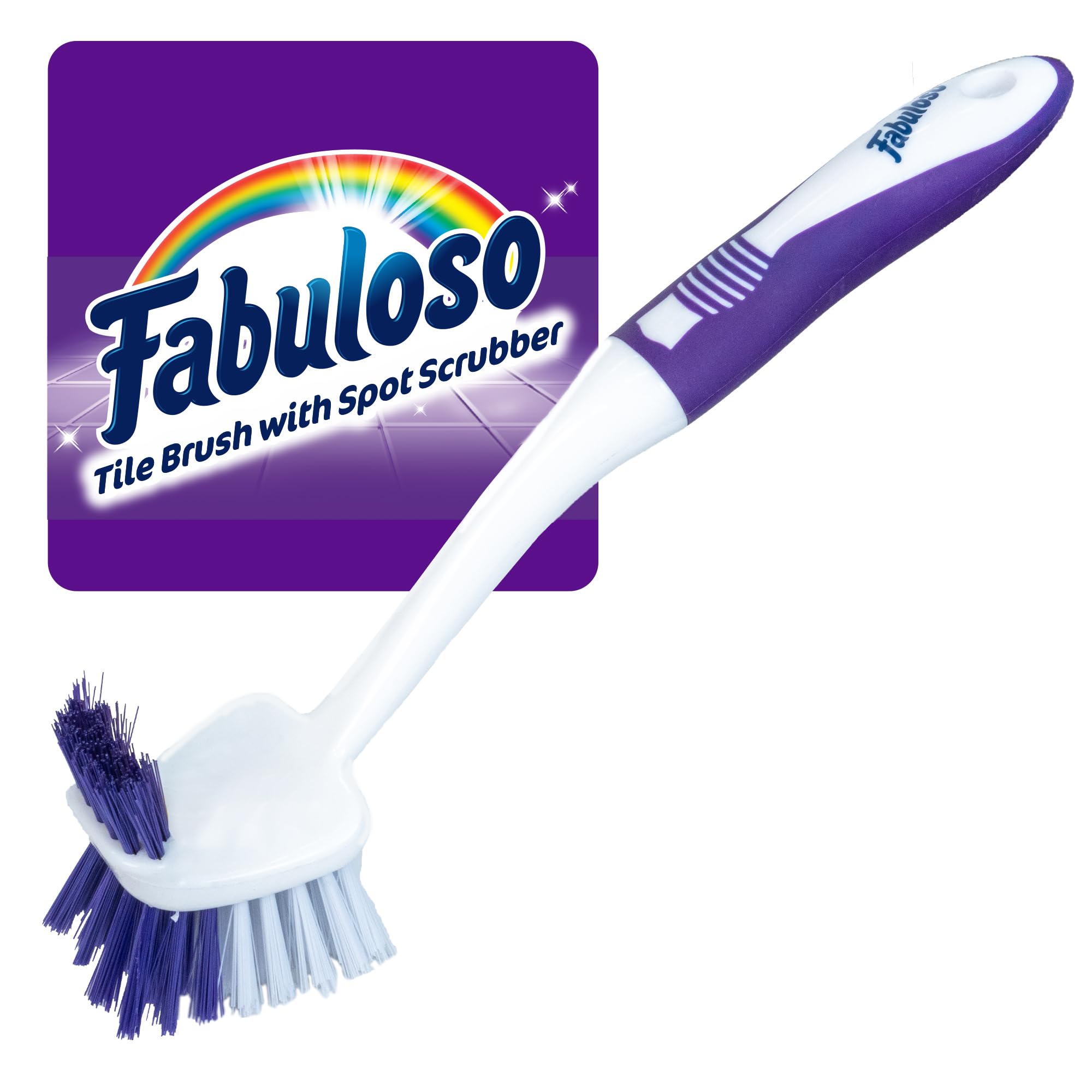 Fabuloso Tile Brush with Spot Scrubber, Long Bathroom Cleaning Brush with Medium Bristles, Shower Scrubber with Hanging Hole for Tile, Grout, Tubs,