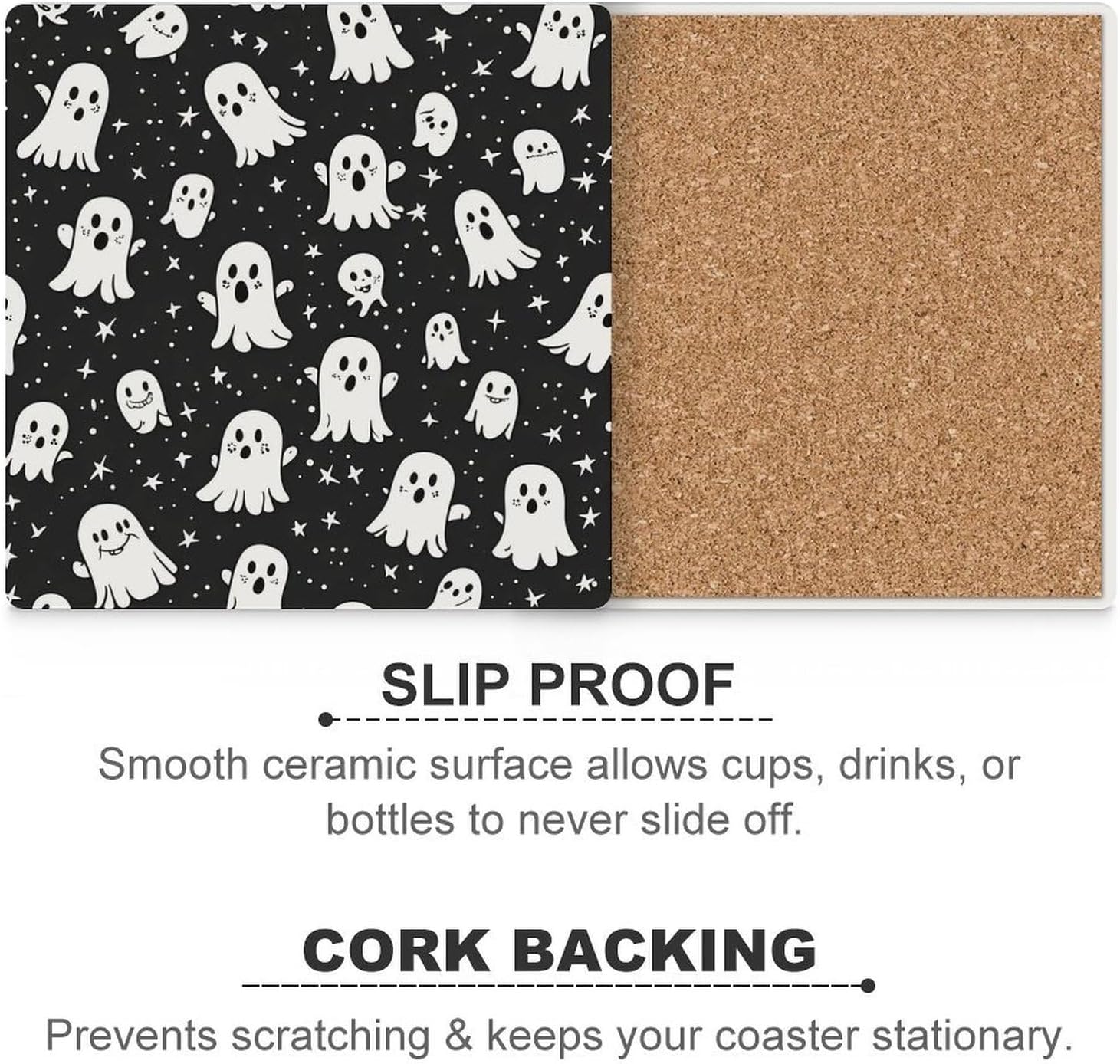 Cute Ghost Stars Pattern Funny Ceramic Coasters for Drinks Absorbent Cup Holder Tabletop Protector with Cork Base