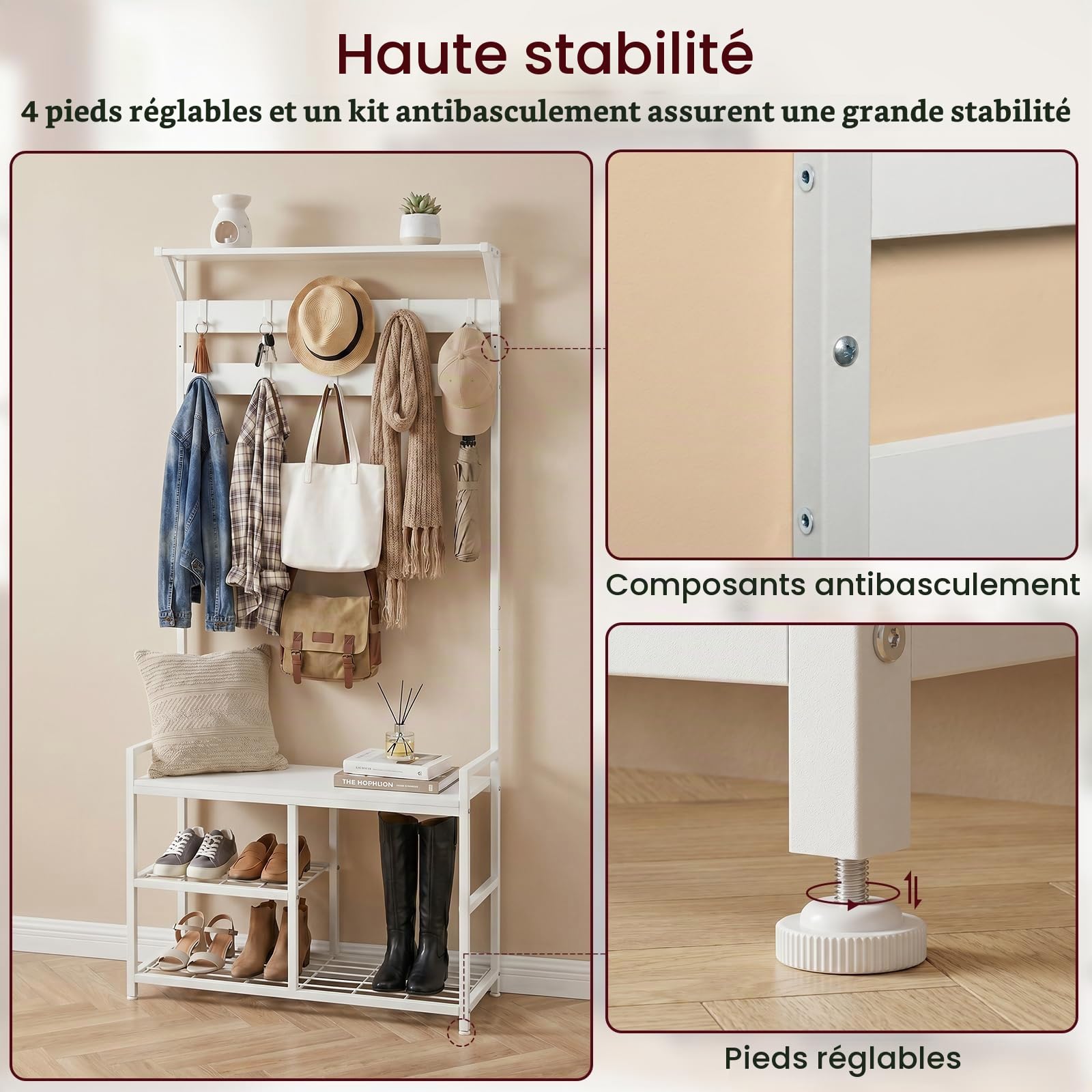 EGGREE Porte Manteau Entrée avec Rangement Chaussures, Meuble d’Entrée Blanc avec 10 Crochets Amovibles, Étagères et Kit Anti-Basculement, Portemanteau pour Couloir Chambre Dressing, 84 x 30 x 182 cm
