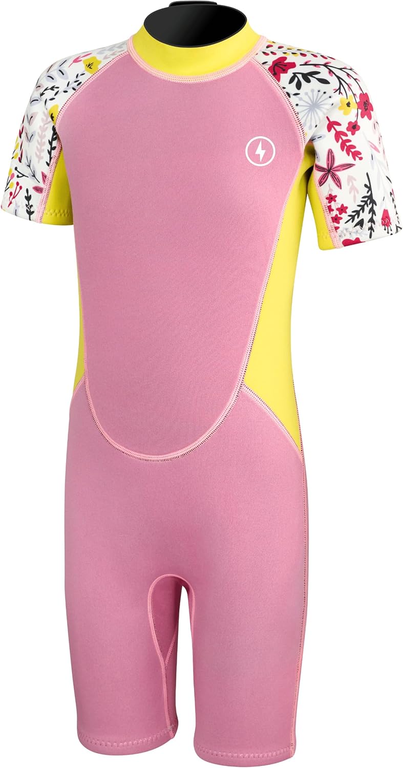 Dark Lightning 3/2mm Kids Wetsuit for Boys and Girls, Neoprene Thermal Swimsuit, Toddler/Junior/Youth One Piece Wet Suits for Scuba Diving Shorty-Pink/Flower Small