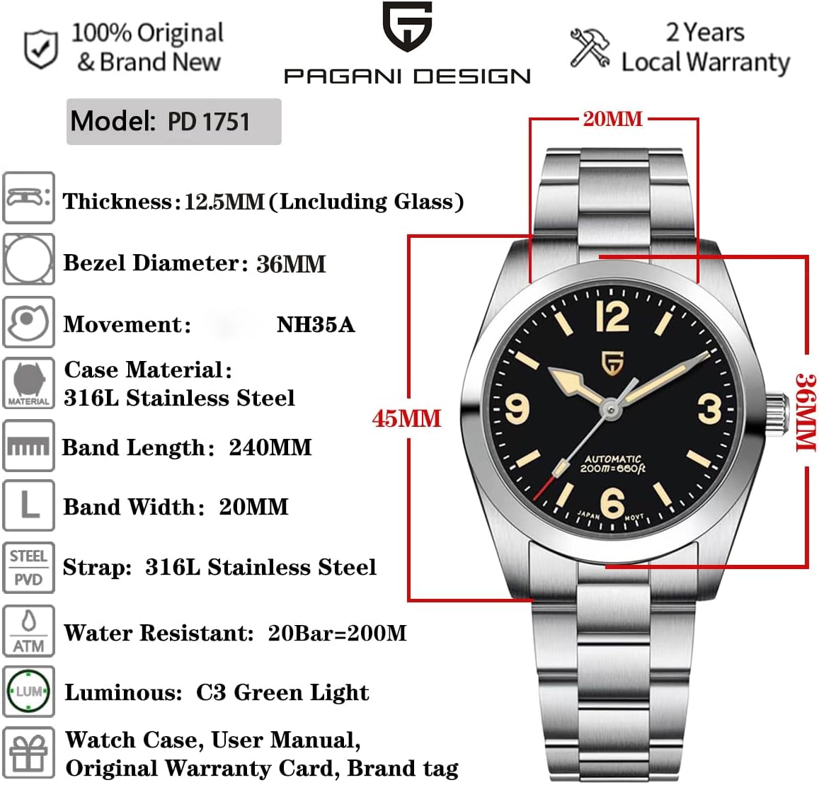 Pagani Design Automatic Watches for Men and Women, 36mm Stainless Steel Men’s Wristwatch, Sapphire Mechanical Watches, NH35A Movement