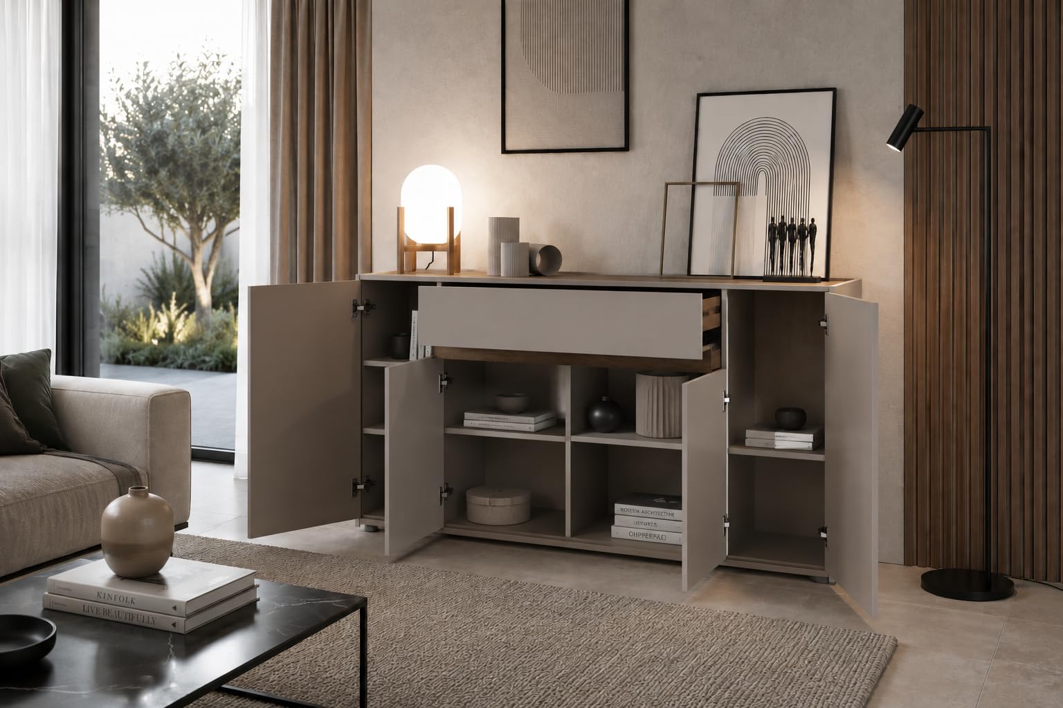 Credenza Moderna Madia In Melaminico Con 4 Ante E 1 Cassetto Mobile Contenitore Sala da Pranzo Soggiorno Design Senza Maniglie Elegante Capiente 170 x 85 x 40 cm (Noce Chiaro)