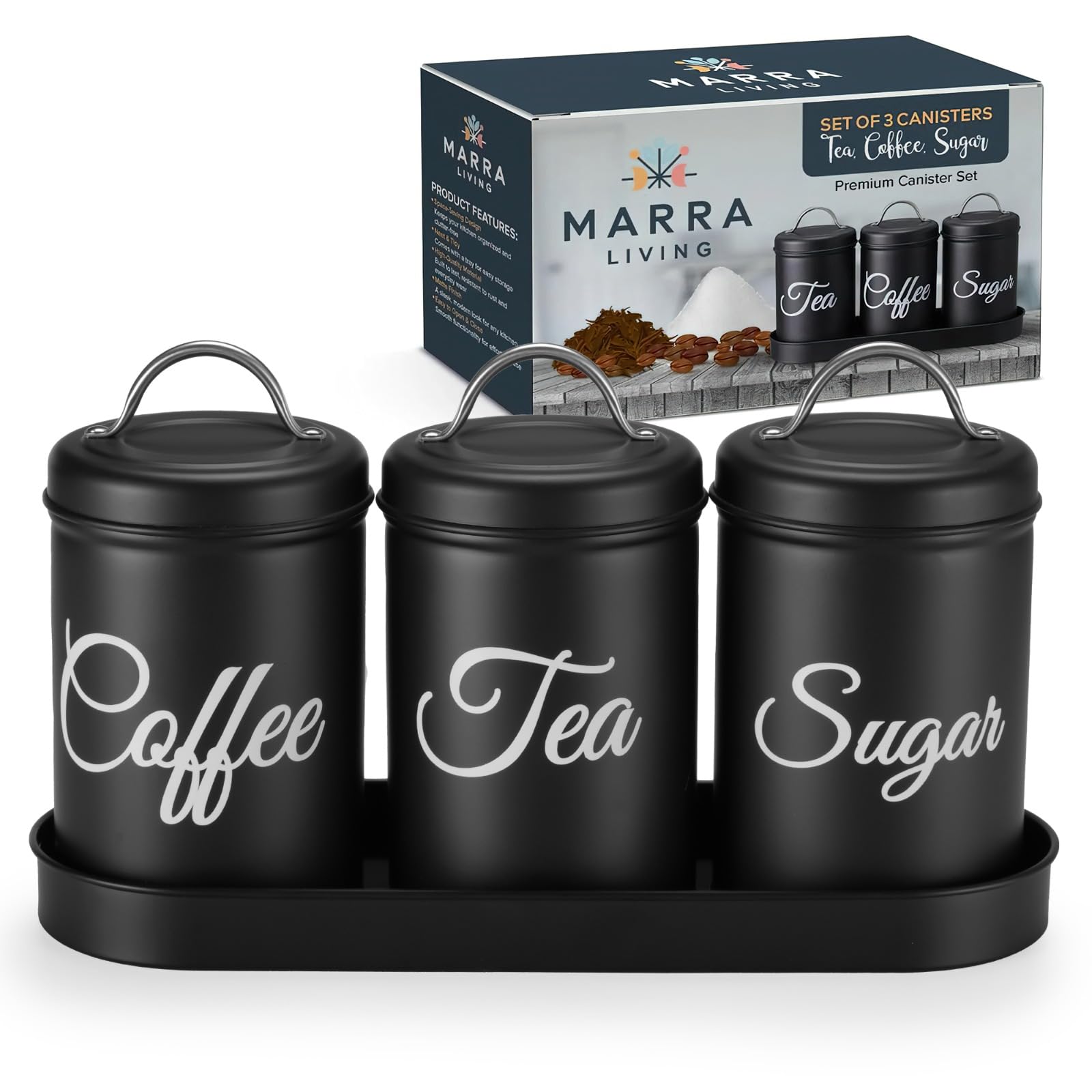 Marra Living, Tea Coffee Sugar Canisters Set of 3, Airtight Kitchen Storage Jars with Lids and a Coordinating Tray