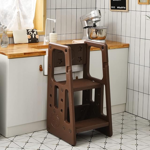 Maxmass Kids Learning Tower, Toddler Step Stool with 3 Height Adjustable Platform, Safety Rail and Non-slip Foot Pads, Kitchen Helper Stand for Countertop Bathroom (Brown)