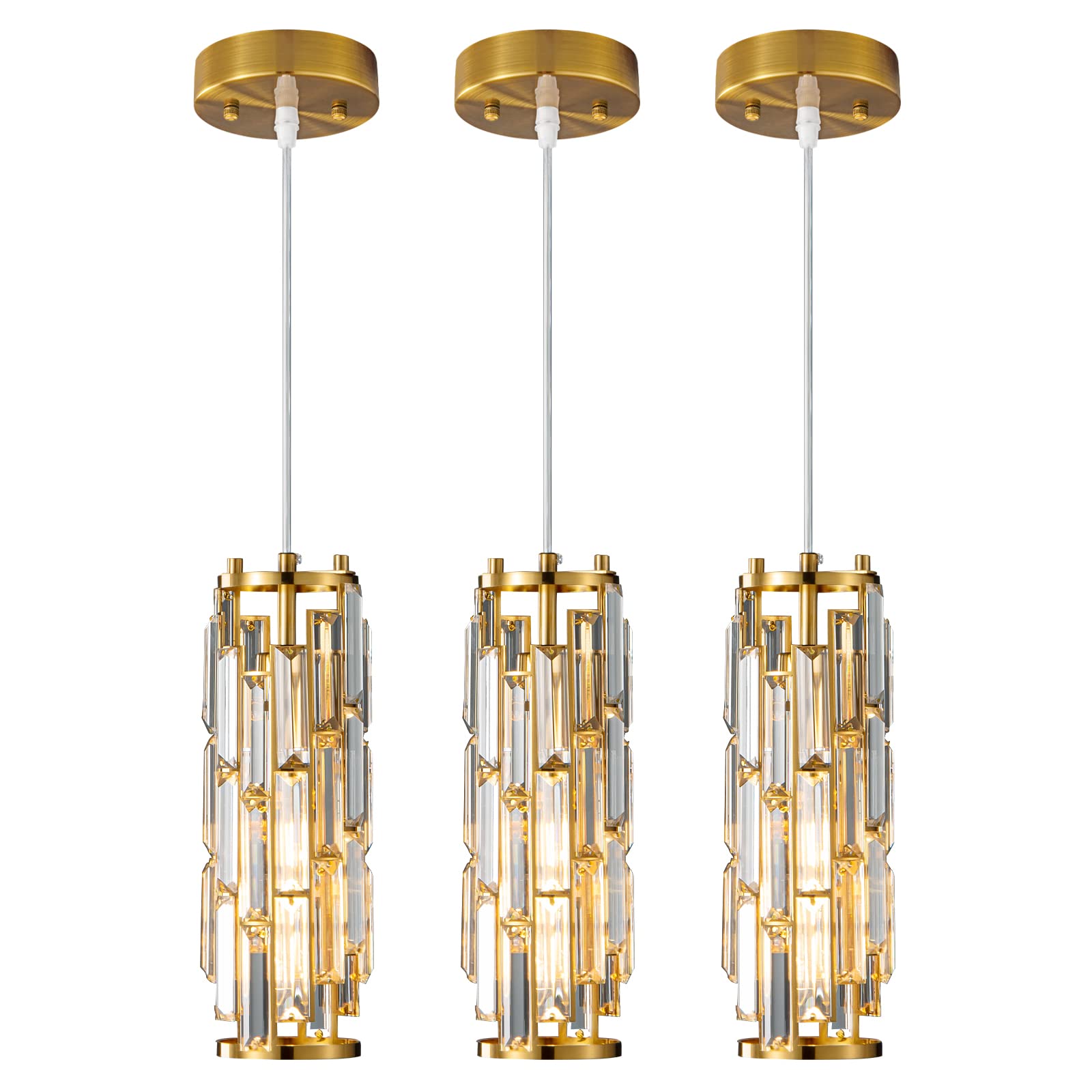LMQNINE Pendant Lights Modern Gold Pendant Light Mini Crystal Chandelier Pendant Lighting for Kitchen Island Dinning Room Bedroom Kitchen Sink Lighting (Gold 3-Pack)