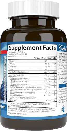 Miniatura 9 de Carlson - Aceite de salmón completo, 700 mg de omega-3 + astaxantina, apoyo cardiovascular, función cerebral y salud de las articulaciones, noruego,