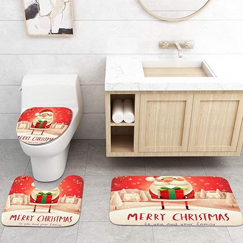 Miniatura 5 de Emvency Juego de 4 cortinas de ducha de Navidad, Papá Noel con cortina de ducha de regalo con alfombras antideslizantes, cubierta de tapa de inodoro