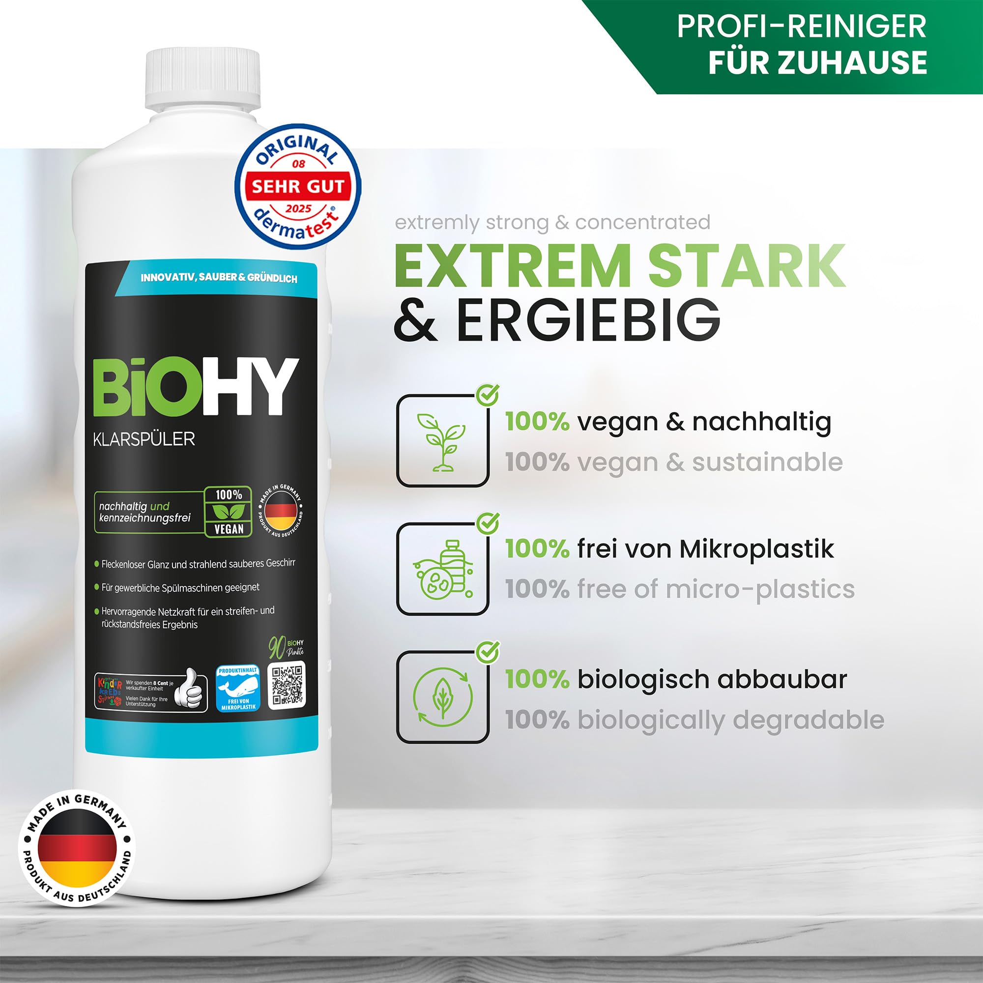 BiOHY Abrillantador (9 botellas de 1 litro) + Dosificador | Apto para todos los lavavajillas | para un brillo inmejorable en los vasos y platos sin manchas de agua (Klarspüler)