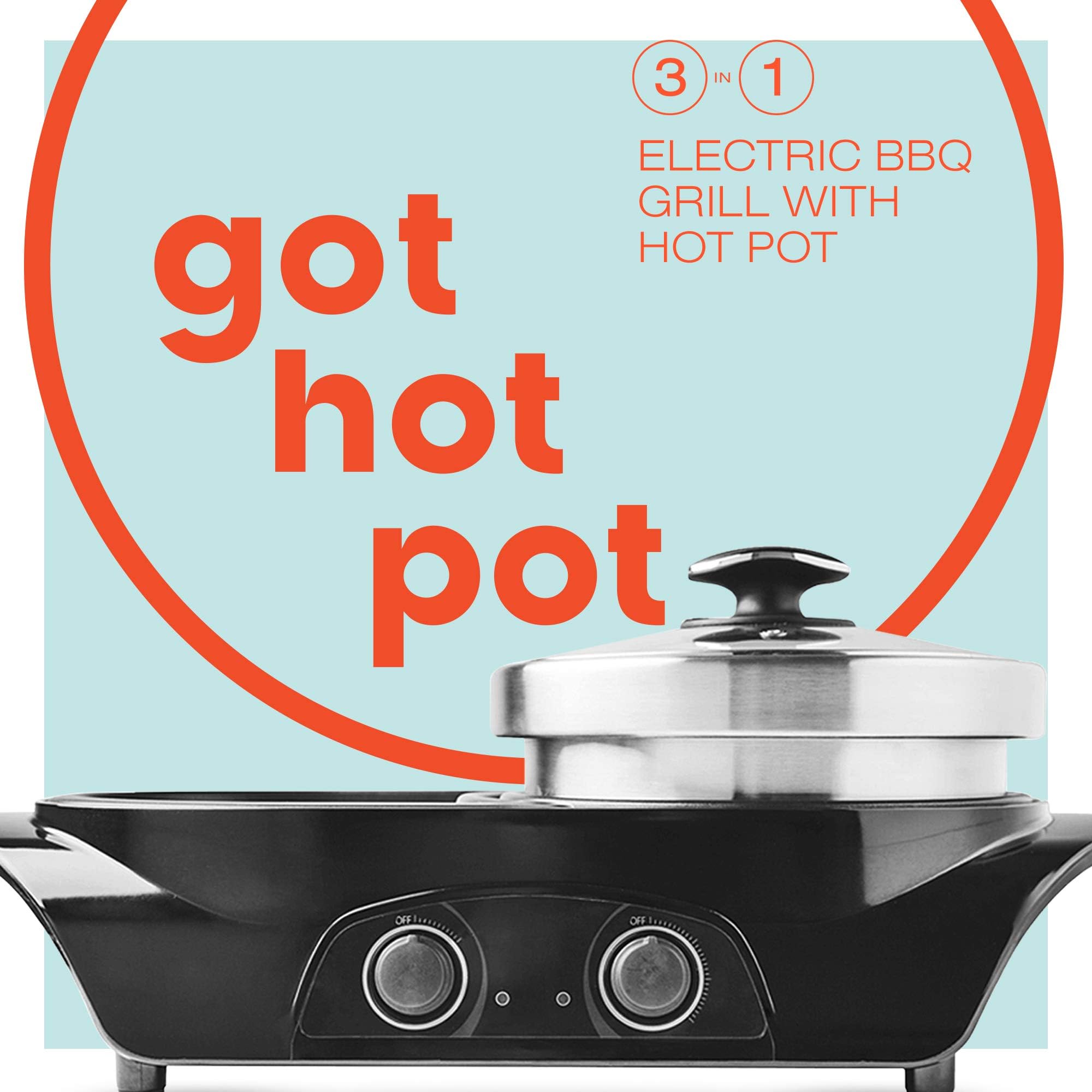 3-in1 Electric Indoor Shabu Shabu Hot Pot with Bbq Grill | Interchangeable Stainless Steel Hot Pot Cooker or Frying Pan and a Non Stick Korean Bbq Teppanyaki Grill | Dual Heating Control