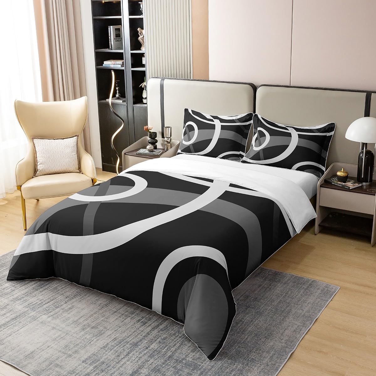 Homemissing Lignes Blanches Housse de Couette 220x240cm 100% Coton Enfants Géométriques Lignes Rondes Literie Set Art Abstrait Parure de lit de Chambre Noir Gris Ensemble de lit