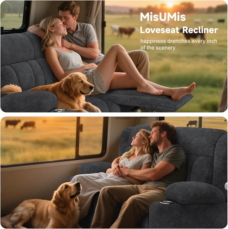 MisUMis RV Loveseat Recliner Sofa, Wall Hugger Reclining Loveseat RV Couch with USB Ports, Cup Holders, Pockets, 150° Adjustable RV Furniture Velvet Fabric Recliners for Travel & Home Theater Seating image 6