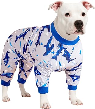LovinPet Pajamas for Big Dogs, Pet Anxiety Relief, Sun Protection Dog Pajamas, Lightweight Stretchy Knit Fabric, Pitbull Clothes, Easy Wearing Adorable Dog Clothes, Pitbull Onesie, Blue Shark M
