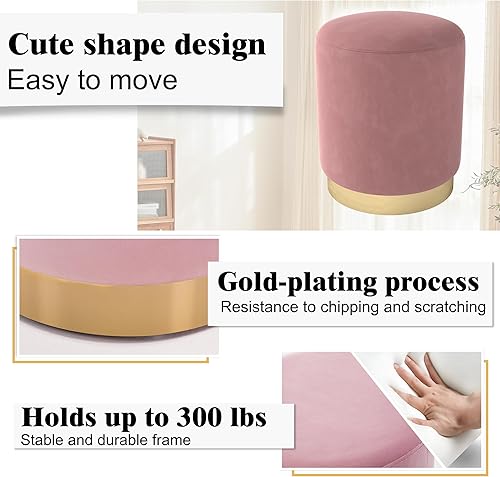 Miniatura 3 de DAGONHIL Moderno otomano redondo de terciopelo rosa, taburetes tapizados con base chapada en oro, taburete de maquillaje para sala de estar,