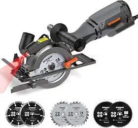 DOVAMAN Mini serra circular manual, 710 W 115 mm serra circular manual com laser, 3500 RPM, cabo auxiliar de metal, 43 mm (90°), profundidade de corte de 29 mm (45°), 6 lâminas de serra, ideal para