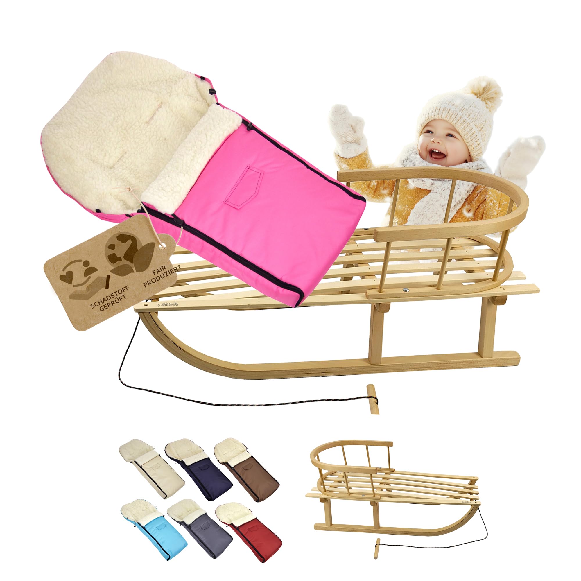 Offerta KOMBI Slitta in legno con schienale e corda di trazione + sacco nanna invernale universale (90 cm), adatta per ovetto, passeggino, passeggino, lana tinta unita (rosa)