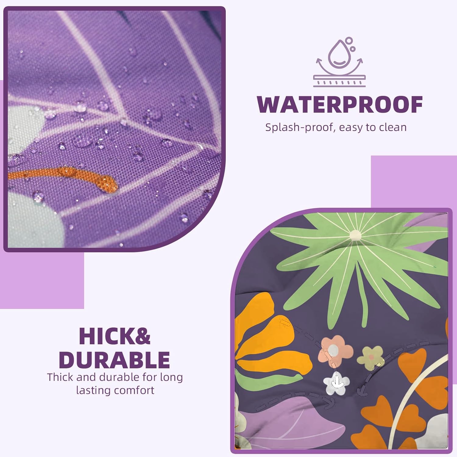 Double Egg Chair Cushion Replacement - Thickened Waterpoof Double Eggs Swing Chair Cushions, 55x35inch for Outdoor Patio Hanging Basket & Doubles Egg Swing Chairs, Purple Floral Leaf