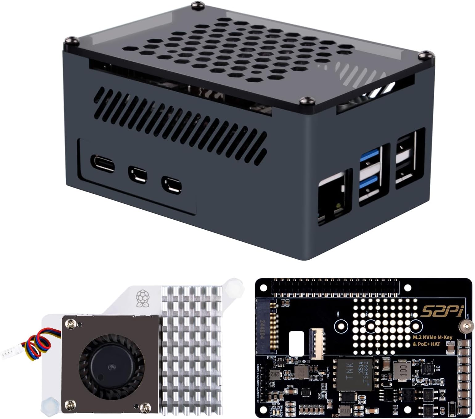 GeeekPi P33 M.2 NVME M-Key PoE+ Hat for Raspberry Pi 5, with Official Pi 5 Active Cooler and Aluminum Case, Support M.2 NVMe SSD 2230 2242 2260 2280