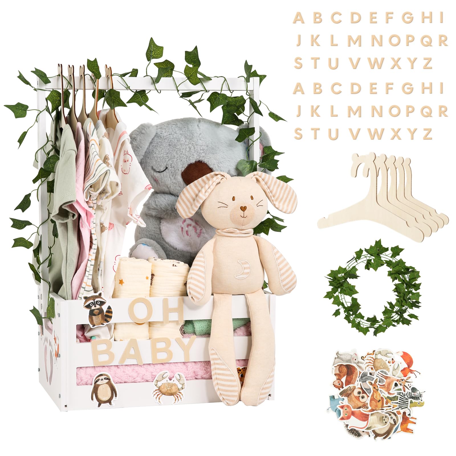 Baby Shower Gifts Basket Wooden Crate, Personalized Wooden Letters and Clothes Hangers New Born Baby Girl Boy Gifts Vine Decorations Cute Closet with