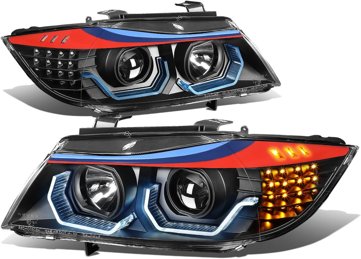 Auto Dynasty LED Halo Headlights Assembly Compatible with 2009-2012 BMW E90 323i 325i 328i 4-Dr Sedan, Left and Right Side, M-Style 3D Crystal Dual U-Halo, Angle Eye LED Turn Signal, Black Housing