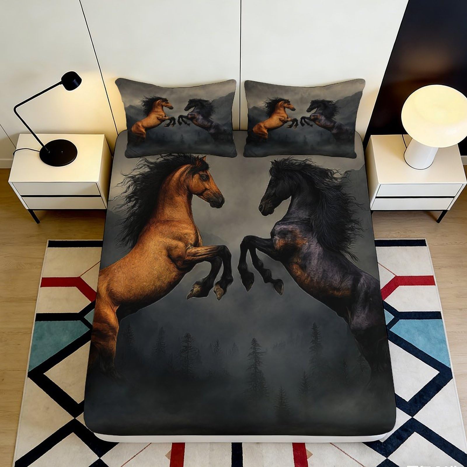 3D Printed Horse Battle Fitted Sheet Microfiber Durable Breathable Dark Forest Bed Cover for Bedroom Dormitory Guest Room Mattress Protection 200x200x25cm