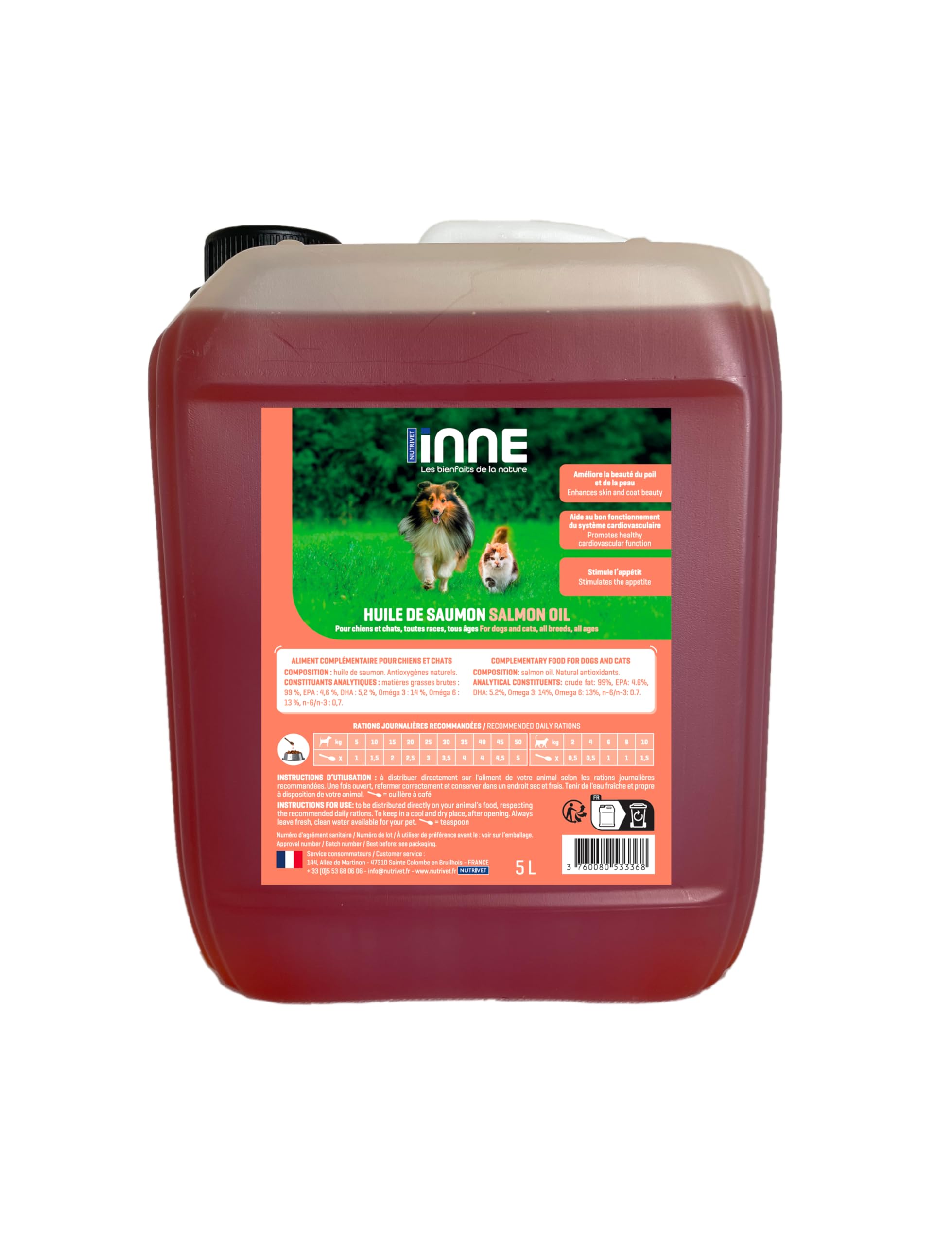 NUTRIVET - INNE - Huile de Saumon - Ergänzungsfuttermittel - Hunde & Katzen - Lachsöl - Reich an Omegas 3 und 6 - Dose 5L