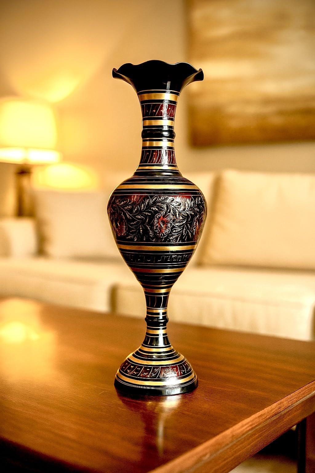Handcrafted Brass Flower Vase | Adakaari Work Decorative Metal Vase for Living Room & Bedroom | Traditional Meenakari Engraving | Long Black Vase Showpiece (20 Inch)-image-29