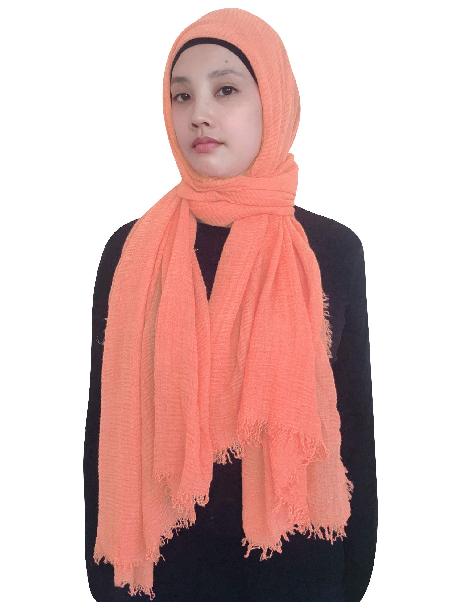 Lina & Lily Plain Colour Crepe Crinkled Scarf Hijab with Frayed Edges (Salmon)